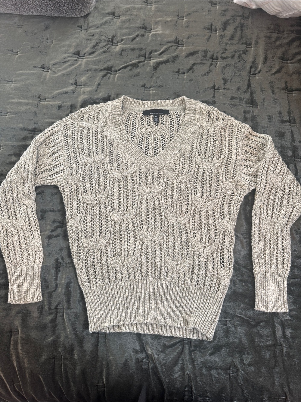 White House Black Market Heather Green/ White Open-Knit V-Neck Sweater